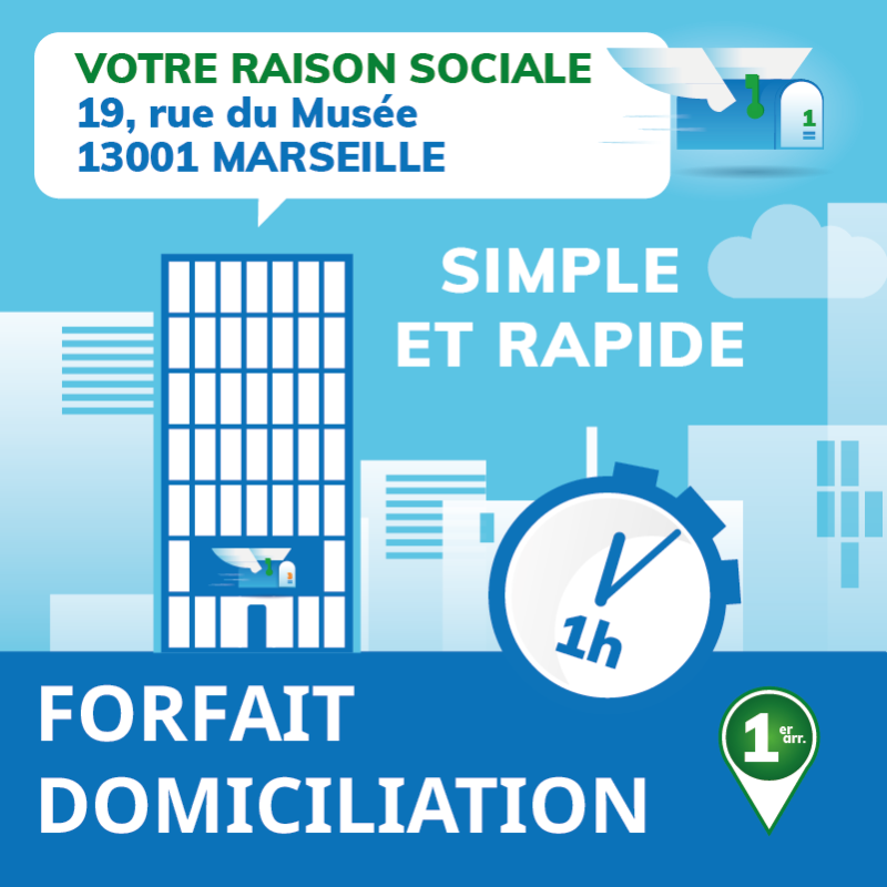 Adresse en centre-ville, réception de courrier, salle de réunion, tampon offert, et notifications en temps réel.