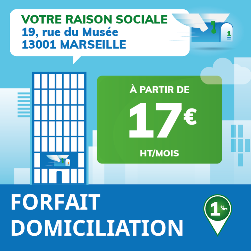 Adresse en centre-ville, réception de courrier, salle de réunion, tampon offert, et notifications en temps réel.